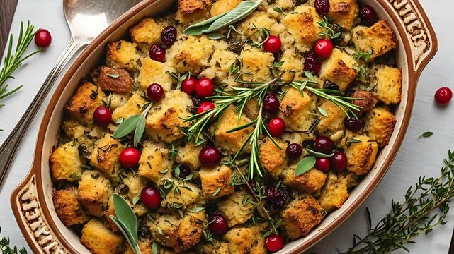 Festive bread stuffing artfully arranged in a ceramic dish adorned with cranberries and herbs perfect for holiday dinners