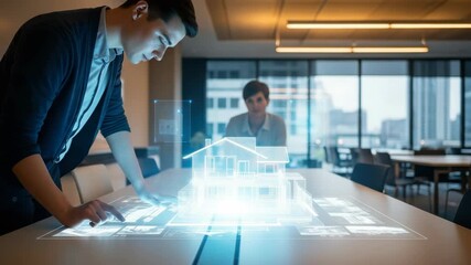 man intently interacts with glowing wireframe house model and data projections on modern table Another person observes from behind in spacious office with large city-view windows - Powered by Adobe