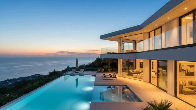 luxurious modern villa with an infinity pool overlooking vast ocean at twilight The multi-story home features glass balconies illuminated interiors and outdoor lounge areas amidst lush palms