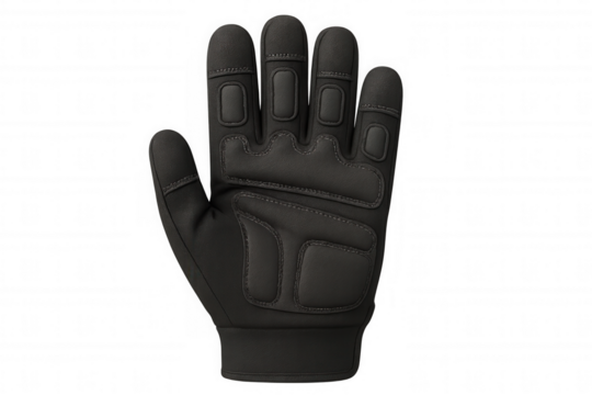 Black tactical glove providing hand protection for military, police, and outdoor activities on transparent background