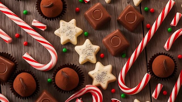 Festive holiday candies arranged on a rustic wooden surface including candy canes chocolates and star - shaped cookies