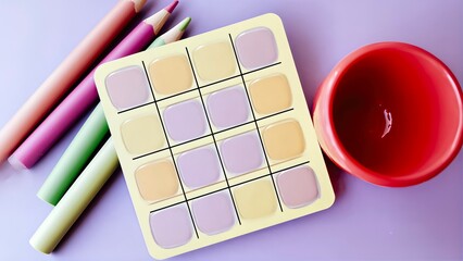 Empty Bingo Card Set on Colorful Surface With Markers and Cup Ready for Game Night Fun