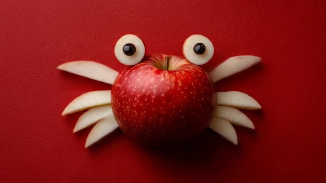 A creative food art piece showcasing a crab-shaped  on a vibrant red background.