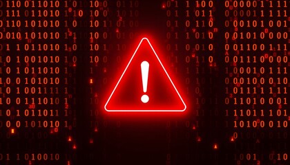 A glowing red warning triangle with an exclamation mark over a background of red binary code.
