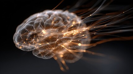 Conceptual digital brain with glowing neural network and transparent background