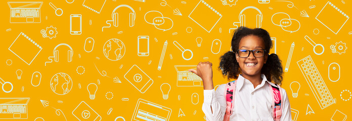 A cheerful child in a white shirt with a backpack smiles while pointing to a colorful collage of school-related icons, including books, laptops, and globes, in a vibrant yellow background.