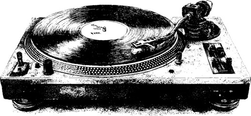 Vintage vinyl record player set with tonearm and record brush in stipple style for retro music enthusiasts