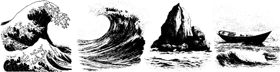 Vintage nautical elements: wave, foam, rock, and boat stipple art for design