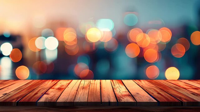 City Lights and Wooden Table: A warm, inviting wooden surface, perfect for showcasing your product or message, overlooks a blurred cityscape awash in a symphony of vibrant lights.