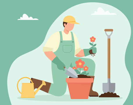 A young man in overalls is gardening, potting a red flower. This flat vector illustration shows a tranquil hobby with tools like a trowel, shovel, and watering can - Powered by Adobe