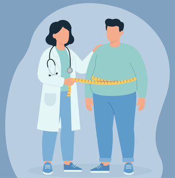 A female doctor measures an overweight man's waist with a tape measure, illustrating a health consultation about weight management and obesity