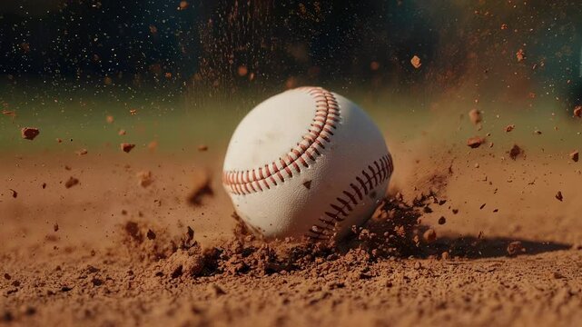 A baseball sits in the dirt, mid-impact, with dust particles suspended in the air