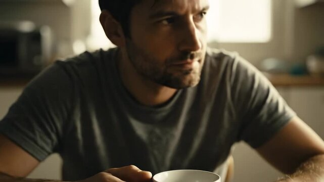 Contemplative man sitting at a table looking down with soft lighting in a kitchen