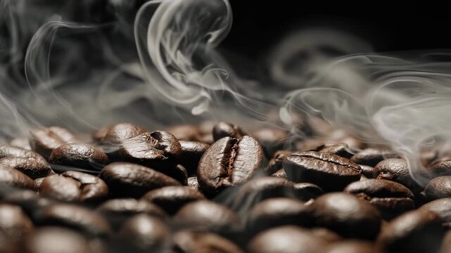 Close-up of roasted coffee beans with swirling steam, highlighting texture and aroma. Dark background