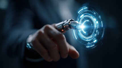 Human hand interacting with futuristic technology interface digital connection concept