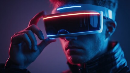 Person experiencing virtual reality with futuristic headset vibrant blue and red light