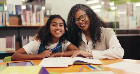 Woman, child or teaching at library with books, happy or laughing on session break. Support, teacher or student in study room with homework, tablet and connection for childhood skill development. - Powered by Adobe