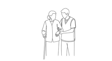 Vector man assists senior lady with cane in line drawing illustration on a plain setting view image art