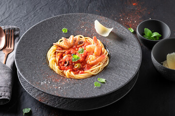 Elegant spaghetti bolognese as premium food made in restaurant.