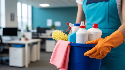 Person holding a bucket full of cleaning supplies in an office environment ready to start cleaning