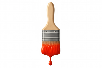 Paintbrush with red paint dripping, creating art and renovation concepts on transparent background