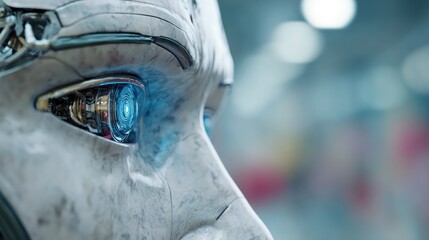 Detailed view of a futuristic robots face with mechanical eye detail