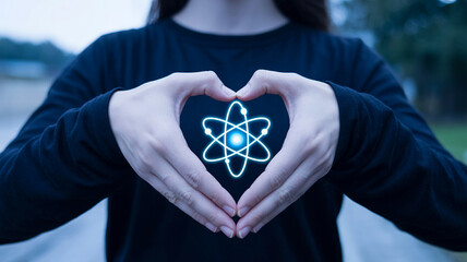 Person making heart shape with hands around glowing atom symbol on a dark blurred background