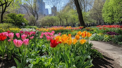 Obraz premium A beautiful garden with many flowers including pink and yellow tulips