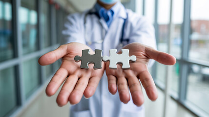 Doctor holding two puzzle pieces in outstretched hands offering a solution to a medical problem
