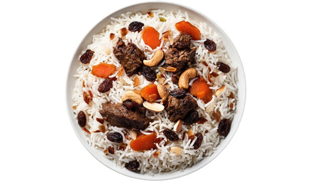 Savory rice pilaf with tender meat dried apricots and cashews.