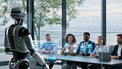 Robot Facilitating Business Meeting with Diverse Team - Powered by Adobe