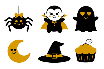 Cute Halloween vector icons set collection with cartoon spider, vampire, ghost, moon, witch hat, cupcake. Adorable Halloween holiday icons for invitation, poster, banner, greeting card, decorations