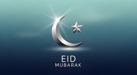 Elegant crescent moon and star symbolize Islamic holiday greetings and celebrations "Eid Mubarak"