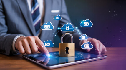 A businessman securing data with a padlock and cloud icons on a digital tablet screen display