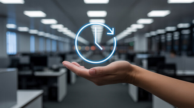 A hand holding a neon clock in an office setting symbolizing time management and productivity concepts