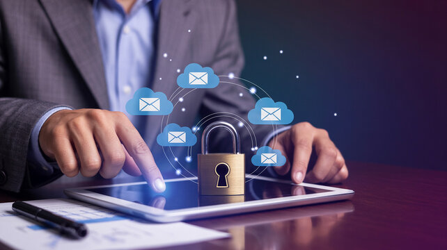 Man using tablet with padlock and cloud email icons representing data security and protection online