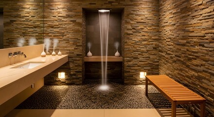 Luxurious hallway with stone wall and ambient lighting
