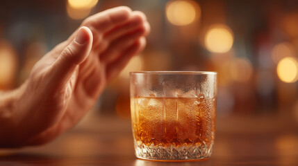 Abstaining from alcohol: a hand pushes away a glass of whiskey against a background of warm lighting. It is a symbol of awareness, sobriety and healthy choice.The hand reaches for the glass of alcohol