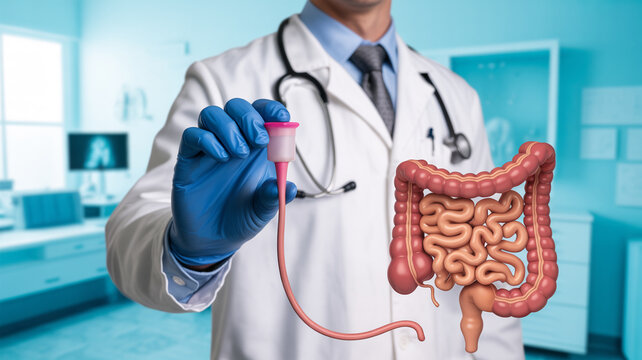 Doctor holding enema and colon model in medical setting for digestive health illustration use only