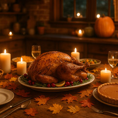 Roasted Thanksgiving Turkey on Cozy Candlelit Table