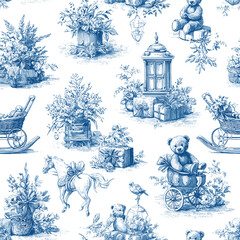 seamless pattern in vintage toile engraving style. Hand-drawn baby theme Christmas design with teddy bears, rocking horse, toys, Christmas trees, floral decorations, and gift boxes