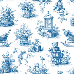 Editable vector seamless pattern in vintage toile engraving style. Hand-drawn baby theme Christmas design with teddy bears, rocking horse, toys, Christmas trees, floral decorations, and gift boxes, il