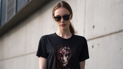 Woman in sunglasses and graphic tee stands against a concrete wall background