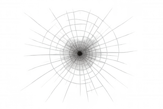 Broken glass with a central bullet hole, shattered impact, and radial cracks on a transparent background