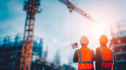 Two construction workers in orange vests, observed from behind, stand before a construction site and wave small American flags