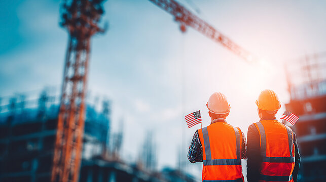 Two construction workers in orange vests, observed from behind, stand before a construction site and wave small American flags