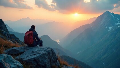 Fototapeta premium Majestic Mountain Solitude Backpackers Dawn on a Misty Peak, Epic Journey Awaits