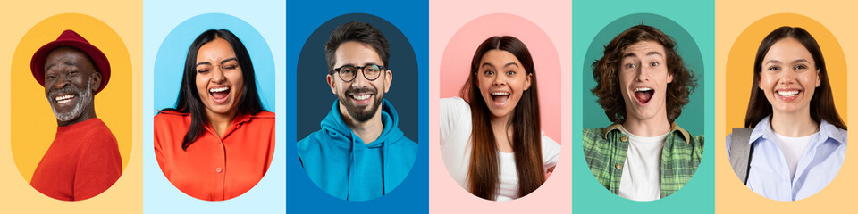 A vibrant collage features six people smiling and laughing in distinct colorful backgrounds.