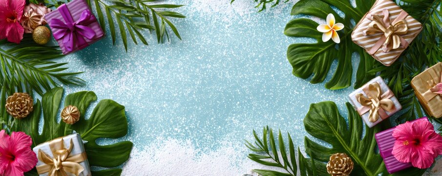 Presenting gift boxes and tropical leaves on a light blue snowy background with copy space