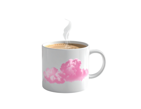White Ceramic Mug with Pink Cloud Design on Modern Desk PNG
